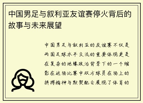 中国男足与叙利亚友谊赛停火背后的故事与未来展望