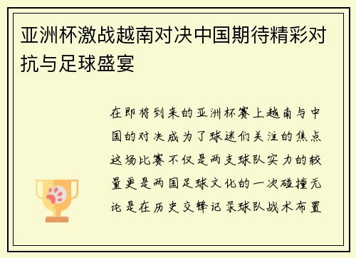 亚洲杯激战越南对决中国期待精彩对抗与足球盛宴